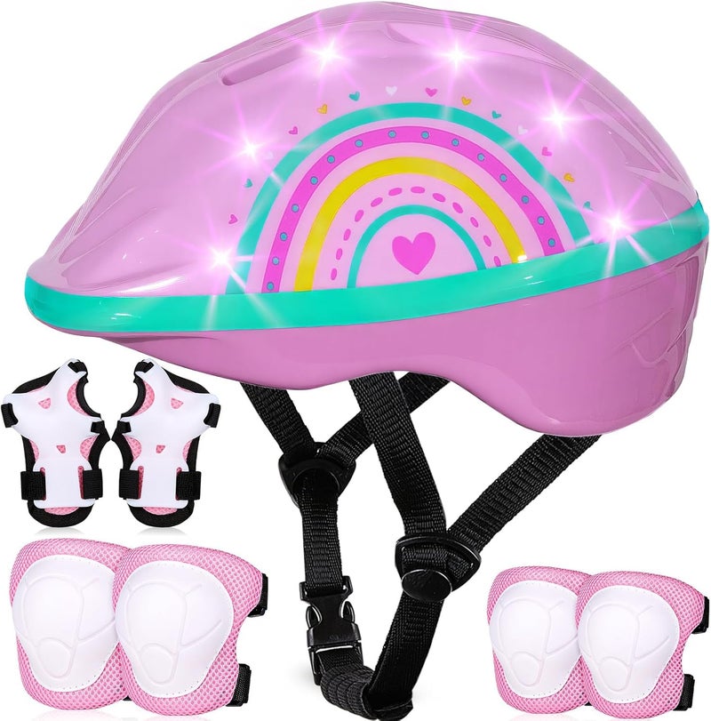 EllaSeek Toddler Helmet, Kids Helmet with LED Lights, Bike Helmets with Toddler Knee Pads and Elbow Pads Set for Kids 3-5-8 Girls Bicycle Scooter Skateboard Helmets - Image 1